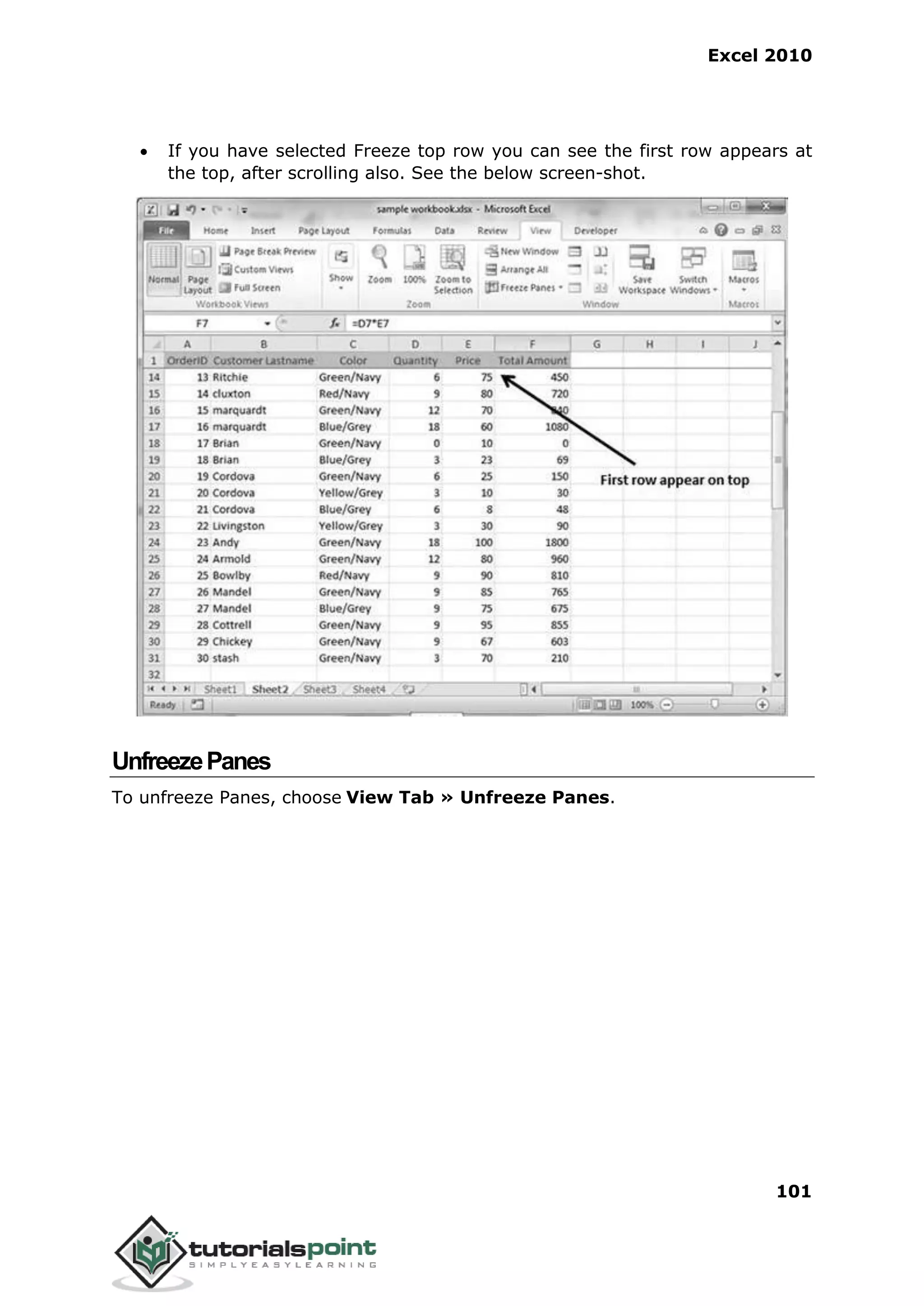 Excel 2010
101
 If you have selected Freeze top row you can see the first row appears at
the top, after scrolling also. See the below screen-shot.
UnfreezePanes
To unfreeze Panes, choose View Tab » Unfreeze Panes.
 