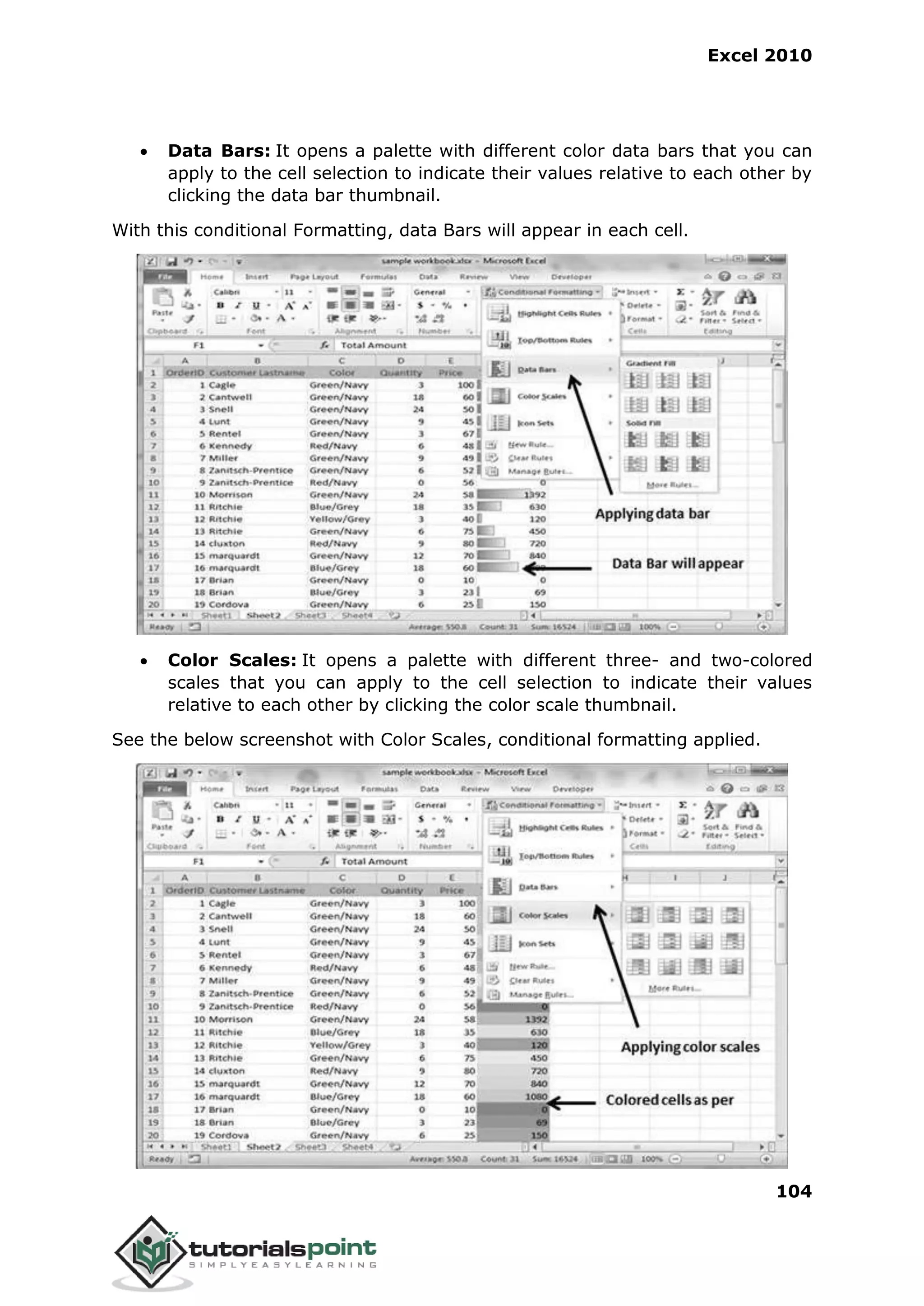 Excel 2010
104
 Data Bars: It opens a palette with different color data bars that you can
apply to the cell selection to indicate their values relative to each other by
clicking the data bar thumbnail.
With this conditional Formatting, data Bars will appear in each cell.
 Color Scales: It opens a palette with different three- and two-colored
scales that you can apply to the cell selection to indicate their values
relative to each other by clicking the color scale thumbnail.
See the below screenshot with Color Scales, conditional formatting applied.
 