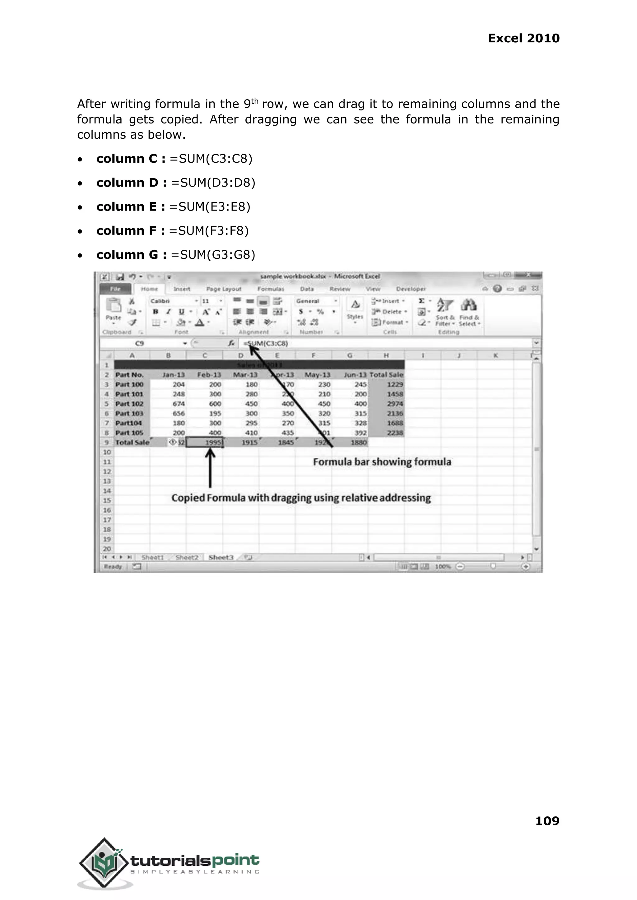 Excel 2010
109
After writing formula in the 9th
row, we can drag it to remaining columns and the
formula gets copied. After dragging we can see the formula in the remaining
columns as below.
 column C : =SUM(C3:C8)
 column D : =SUM(D3:D8)
 column E : =SUM(E3:E8)
 column F : =SUM(F3:F8)
 column G : =SUM(G3:G8)
 