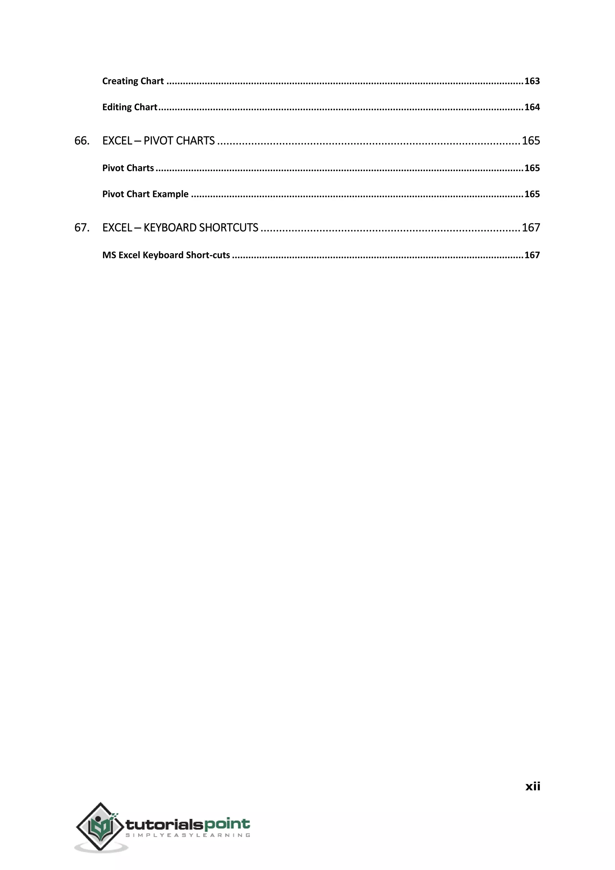 xii
Creating Chart ...................................................................................................................................163
Editing Chart......................................................................................................................................164
66. EXCEL ─ PIVOT CHARTS ..................................................................................................165
Pivot Charts.......................................................................................................................................165
Pivot Chart Example ..........................................................................................................................165
67. EXCEL ─ KEYBOARD SHORTCUTS ....................................................................................167
MS Excel Keyboard Short-cuts ...........................................................................................................167
 