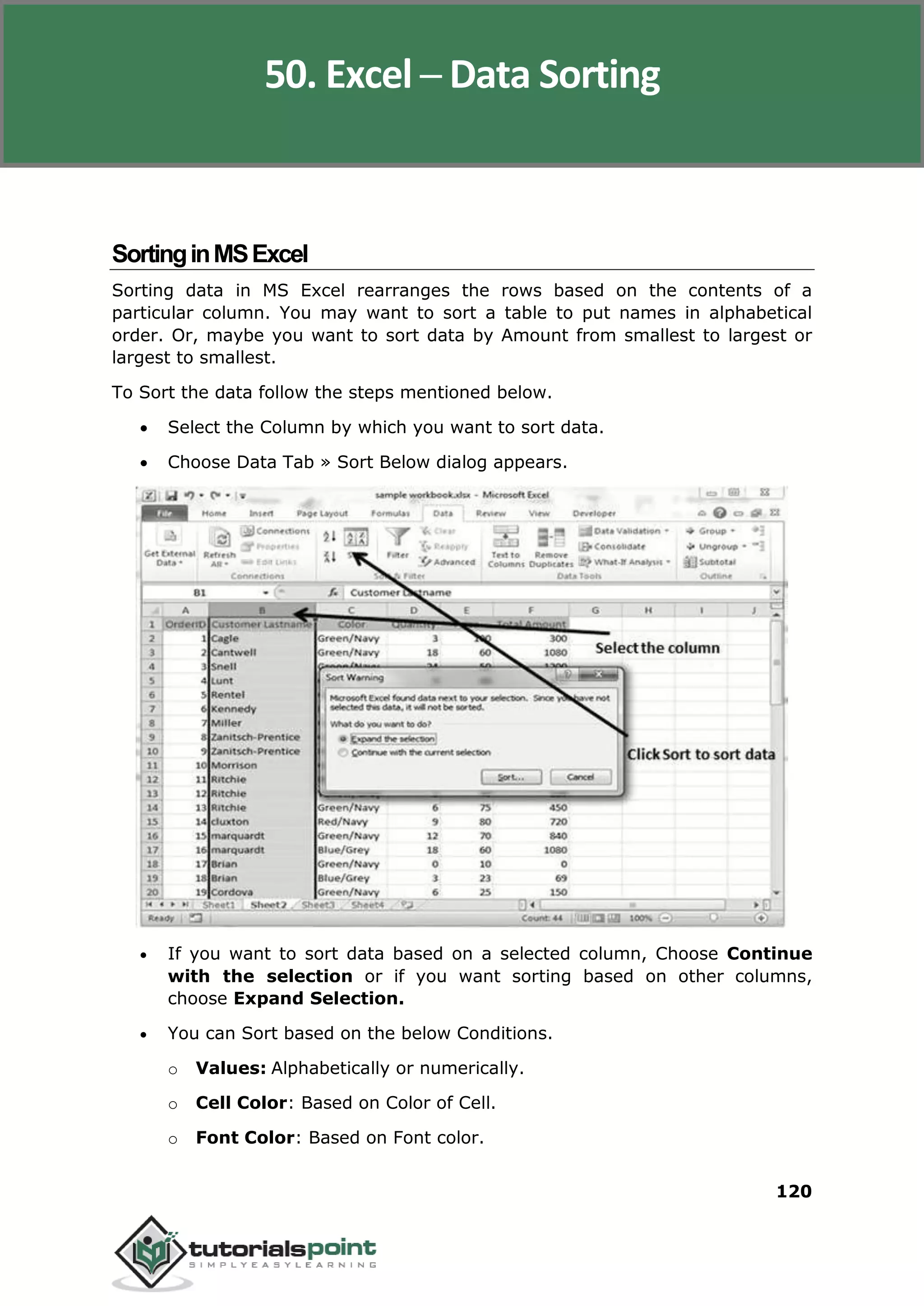 Excel 2010
120
SortinginMSExcel
Sorting data in MS Excel rearranges the rows based on the contents of a
particular column. You may want to sort a table to put names in alphabetical
order. Or, maybe you want to sort data by Amount from smallest to largest or
largest to smallest.
To Sort the data follow the steps mentioned below.
 Select the Column by which you want to sort data.
 Choose Data Tab » Sort Below dialog appears.
 If you want to sort data based on a selected column, Choose Continue
with the selection or if you want sorting based on other columns,
choose Expand Selection.
 You can Sort based on the below Conditions.
o Values: Alphabetically or numerically.
o Cell Color: Based on Color of Cell.
o Font Color: Based on Font color.
50. Excel ─ Data Sorting
 