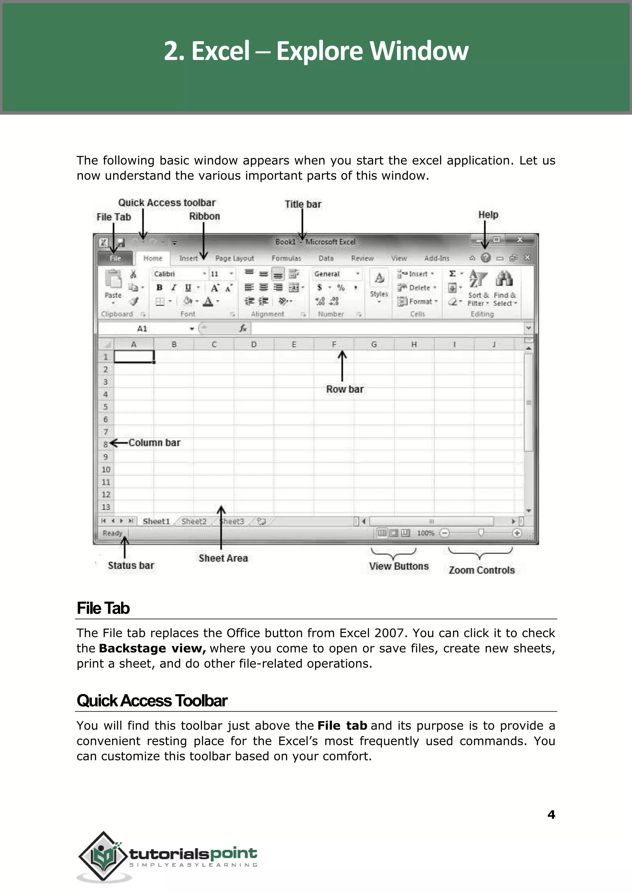 Excel 2010
4
The following basic window appears when you start the excel application. Let us
now understand the various important parts of this window.
FileTab
The File tab replaces the Office button from Excel 2007. You can click it to check
the Backstage view, where you come to open or save files, create new sheets,
print a sheet, and do other file-related operations.
QuickAccessToolbar
You will find this toolbar just above the File tab and its purpose is to provide a
convenient resting place for the Excel’s most frequently used commands. You
can customize this toolbar based on your comfort.
2. Excel ─ Explore Window
 