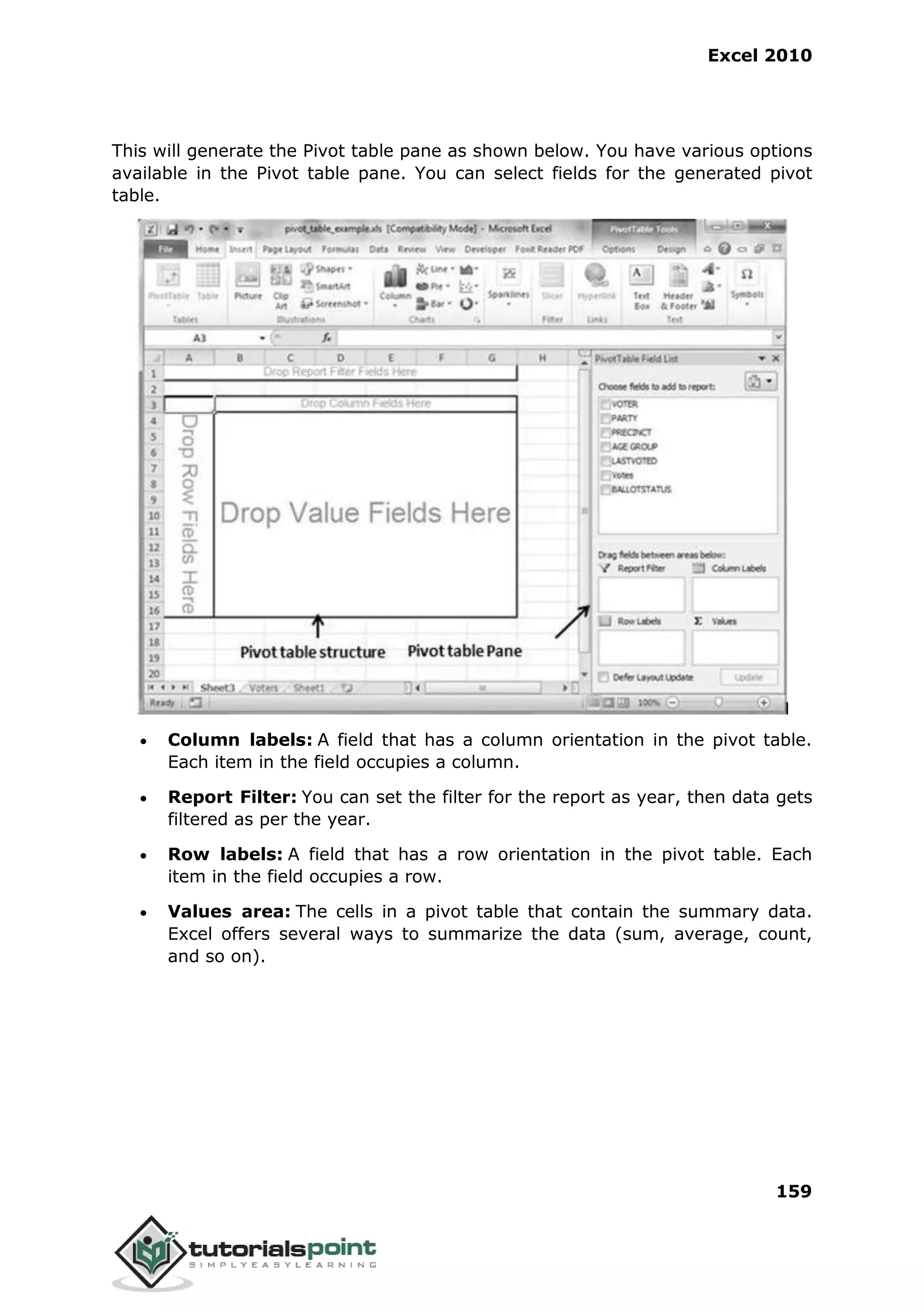 Excel 2010
159
This will generate the Pivot table pane as shown below. You have various options
available in the Pivot table pane. You can select fields for the generated pivot
table.
 Column labels: A field that has a column orientation in the pivot table.
Each item in the field occupies a column.
 Report Filter: You can set the filter for the report as year, then data gets
filtered as per the year.
 Row labels: A field that has a row orientation in the pivot table. Each
item in the field occupies a row.
 Values area: The cells in a pivot table that contain the summary data.
Excel offers several ways to summarize the data (sum, average, count,
and so on).
 