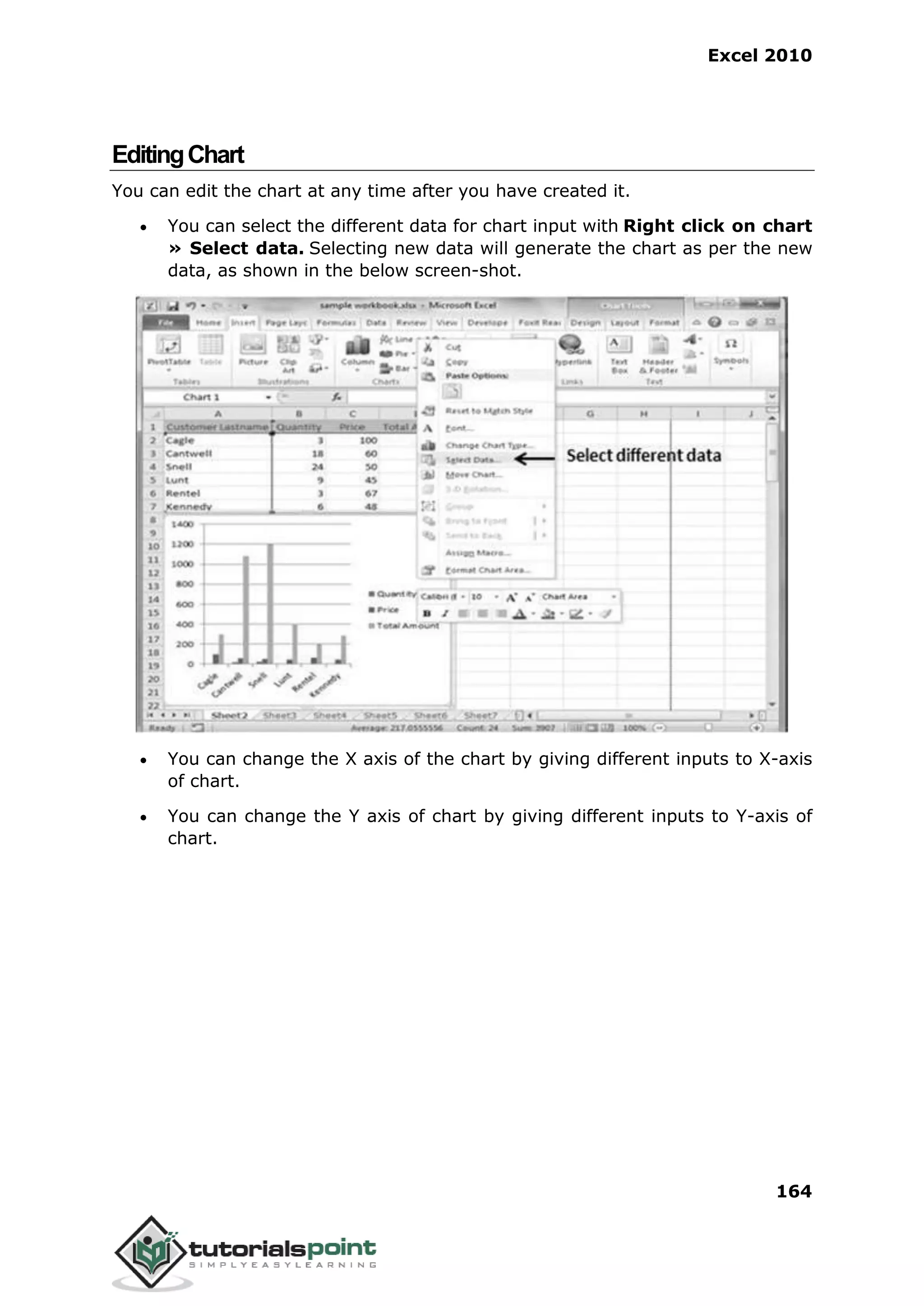Excel 2010
164
EditingChart
You can edit the chart at any time after you have created it.
 You can select the different data for chart input with Right click on chart
» Select data. Selecting new data will generate the chart as per the new
data, as shown in the below screen-shot.
 You can change the X axis of the chart by giving different inputs to X-axis
of chart.
 You can change the Y axis of chart by giving different inputs to Y-axis of
chart.
 