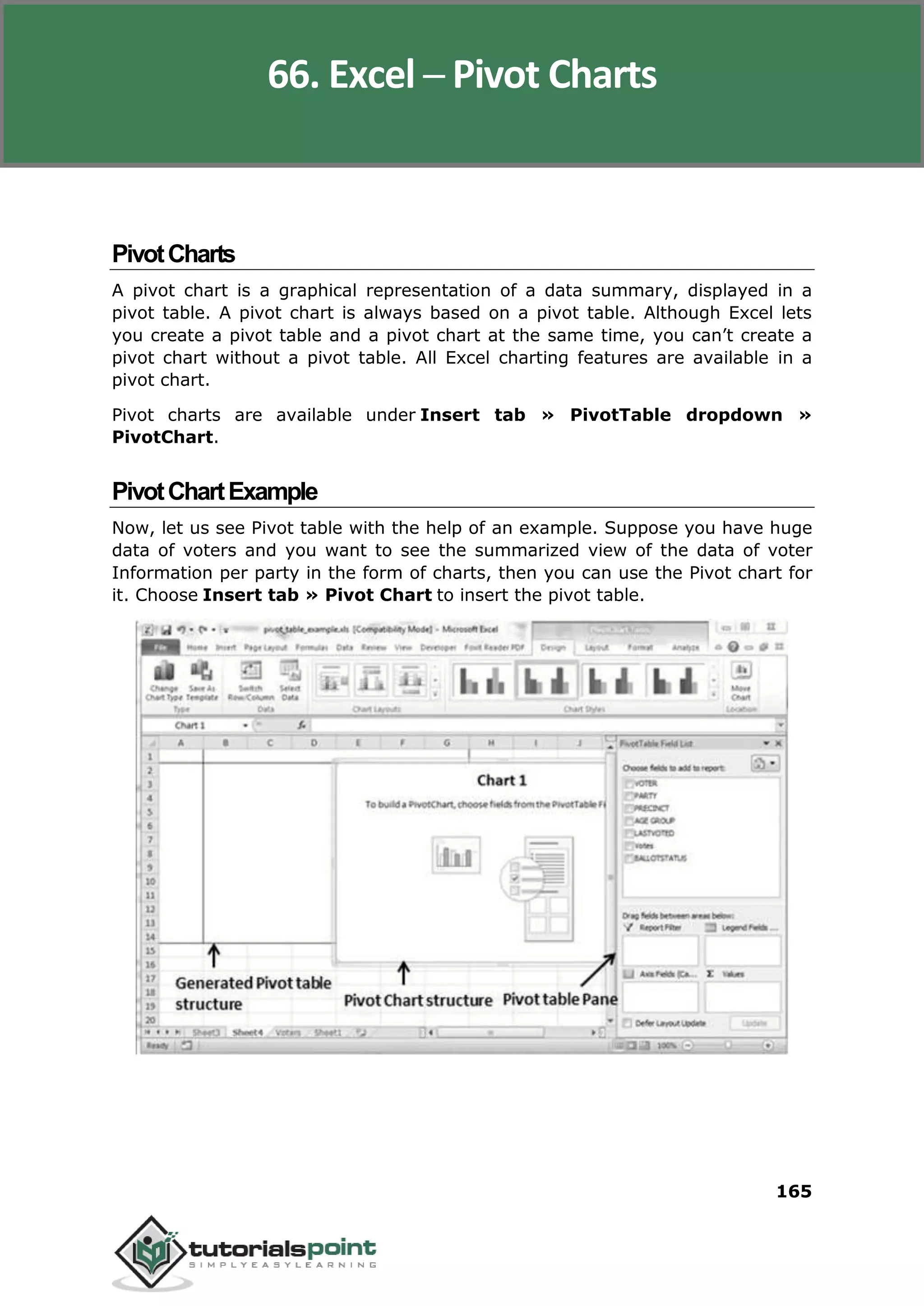 Excel 2010
165
PivotCharts
A pivot chart is a graphical representation of a data summary, displayed in a
pivot table. A pivot chart is always based on a pivot table. Although Excel lets
you create a pivot table and a pivot chart at the same time, you can’t create a
pivot chart without a pivot table. All Excel charting features are available in a
pivot chart.
Pivot charts are available under Insert tab » PivotTable dropdown »
PivotChart.
PivotChartExample
Now, let us see Pivot table with the help of an example. Suppose you have huge
data of voters and you want to see the summarized view of the data of voter
Information per party in the form of charts, then you can use the Pivot chart for
it. Choose Insert tab » Pivot Chart to insert the pivot table.
66. Excel ─ Pivot Charts
 