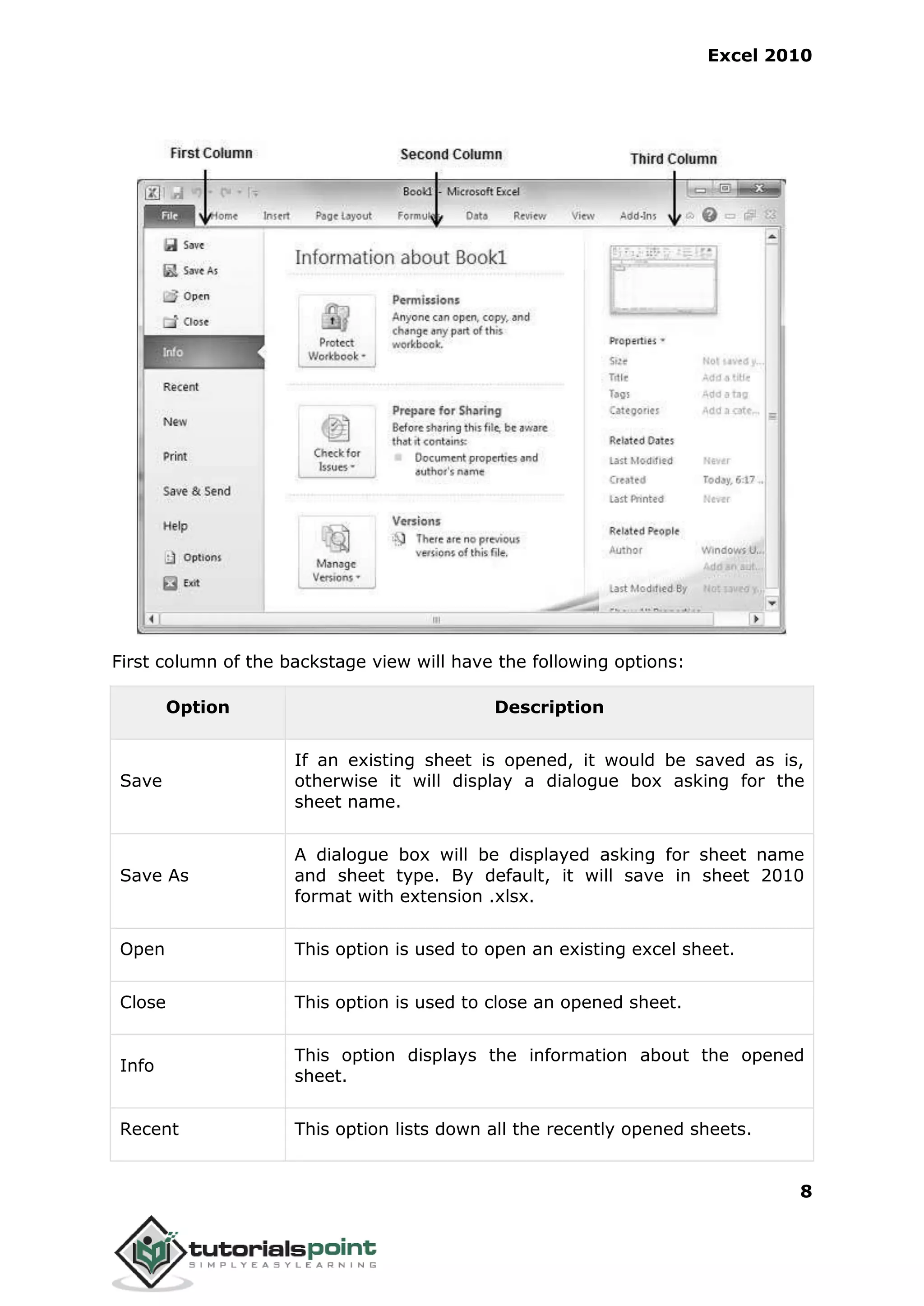 Excel 2010
8
First column of the backstage view will have the following options:
Option Description
Save
If an existing sheet is opened, it would be saved as is,
otherwise it will display a dialogue box asking for the
sheet name.
Save As
A dialogue box will be displayed asking for sheet name
and sheet type. By default, it will save in sheet 2010
format with extension .xlsx.
Open This option is used to open an existing excel sheet.
Close This option is used to close an opened sheet.
Info
This option displays the information about the opened
sheet.
Recent This option lists down all the recently opened sheets.
 