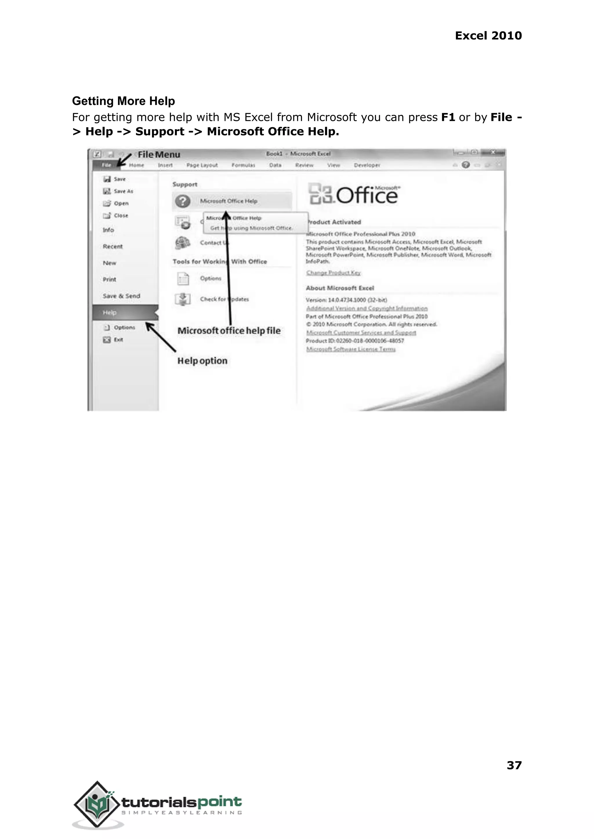 Excel 2010
37
Getting More Help
For getting more help with MS Excel from Microsoft you can press F1 or by File -
> Help -> Support -> Microsoft Office Help.
 