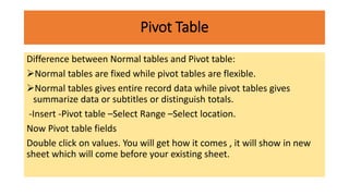 Pivot Table
Difference between Normal tables and Pivot table:
Normal tables are fixed while pivot tables are flexible.
Normal tables gives entire record data while pivot tables gives
summarize data or subtitles or distinguish totals.
-Insert -Pivot table –Select Range –Select location.
Now Pivot table fields
Double click on values. You will get how it comes , it will show in new
sheet which will come before your existing sheet.
 