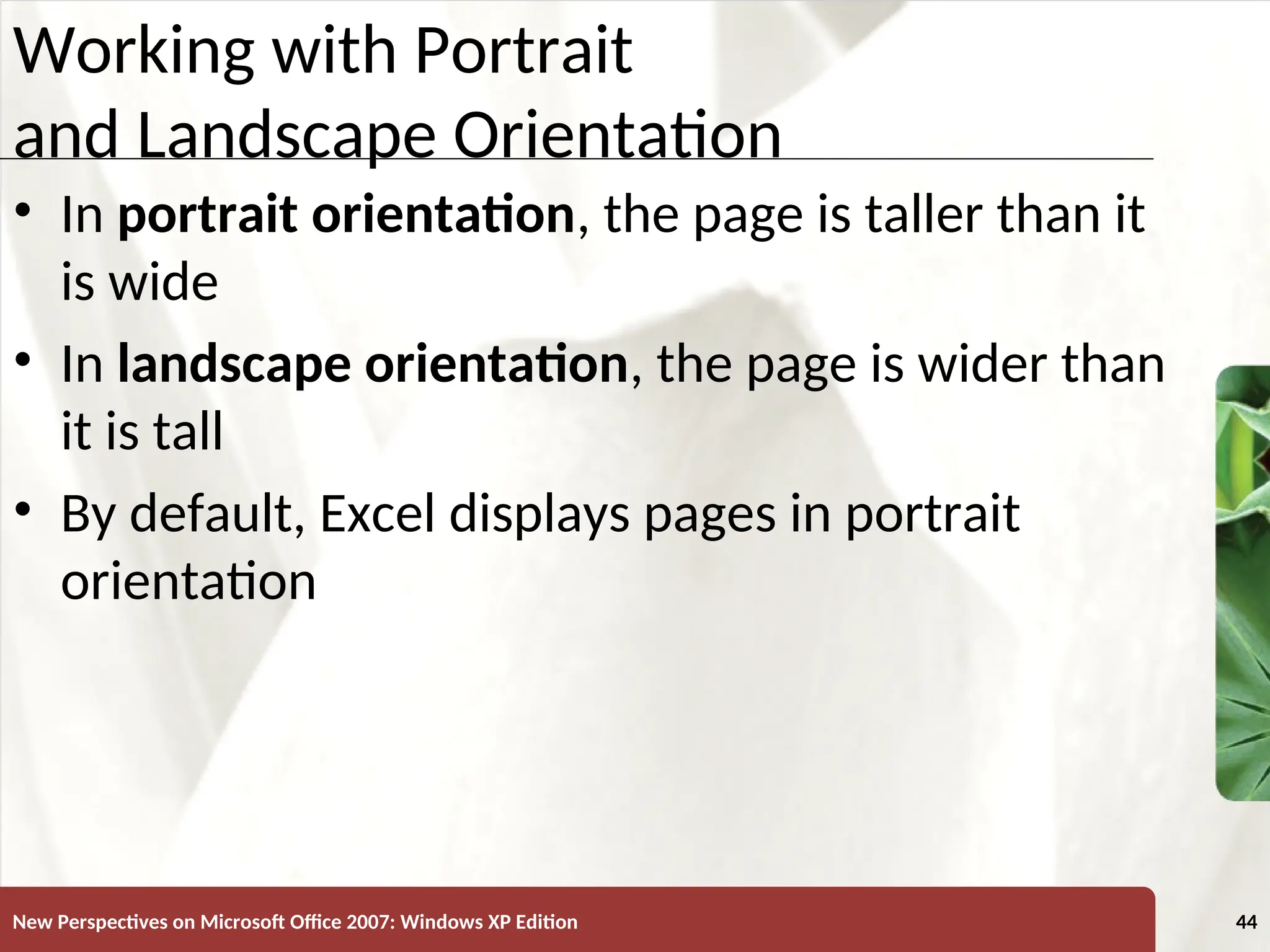 XP
New Perspectives on Microsoft Office 2007: Windows XP Edition 44
Working with Portrait
and Landscape Orientation
• In portrait orientation, the page is taller than it
is wide
• In landscape orientation, the page is wider than
it is tall
• By default, Excel displays pages in portrait
orientation
 