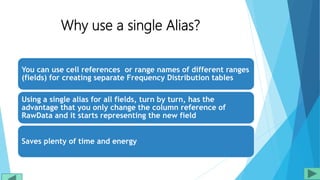Why use a single Alias?
You can use cell references or range names of different ranges
(fields) for creating separate Frequency Distribution tables
Using a single alias for all fields, turn by turn, has the
advantage that you only change the column reference of
RawData and it starts representing the new field
Saves plenty of time and energy
 