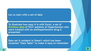 Let us start with a set of data
To illustrate how easy it is with Excel, a set of
fictitious data of 5531 patients of Hypertension who
were treated with an antihypertensive drug is
presented
Data set is resident in Sheet1 which has been
renamed “Data Table” to make it easy to remember
 