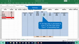 “f” for this class is calculated as
“Cum f” for this Class minus
“Cum f” of preceding Class
Formula
 