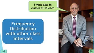 Frequency
Distribution
with other class
intervals
I want data in
classes of 15 each
 