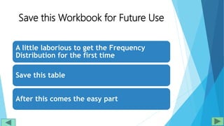 Save this Workbook for Future Use
A little laborious to get the Frequency
Distribution for the first time
Save this table
After this comes the easy part
 