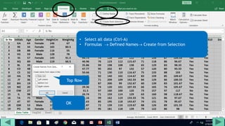 • Select all data (Ctrl-A)
• Formulas  Defined Names Create from Selection
Top Row
OK
 