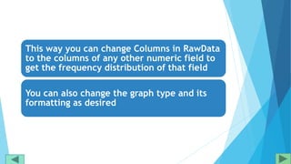 This way you can change Columns in RawData
to the columns of any other numeric field to
get the frequency distribution of that field
You can also change the graph type and its
formatting as desired
 
