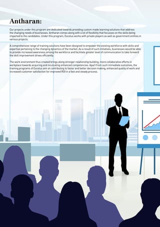 Antharan:
Our projects under this program are dedicated towards providing custom made learning solutions that address
the changing needs of businesses. Antharan comes along with a lot of flexibility that focusses on the skills being
imparted to the candidates. Under this program, Excelus works with private players as well as government entities in
various projects.
A comprehensive range of training solutions have been designed to empower the existing workforce with skills and
expertise pertaining to the changing dynamics of the market. As a result of such initiatives, businesses would be able
to provide increased awareness among the workforce and facilitate greater level of communication to take forward
the skill improvement drives efficiently.
The work environment thus created brings along stronger relationship building, more collaborative efforts in
workplace towards acquiring and inculcating enhanced competencies. Apart from such immediate outcomes, the
training programs of Excelus aim at contributing to faster and better decision making, enhanced quality of work and
increased customer satisfaction for improved ROI in a fast and steady process.
 