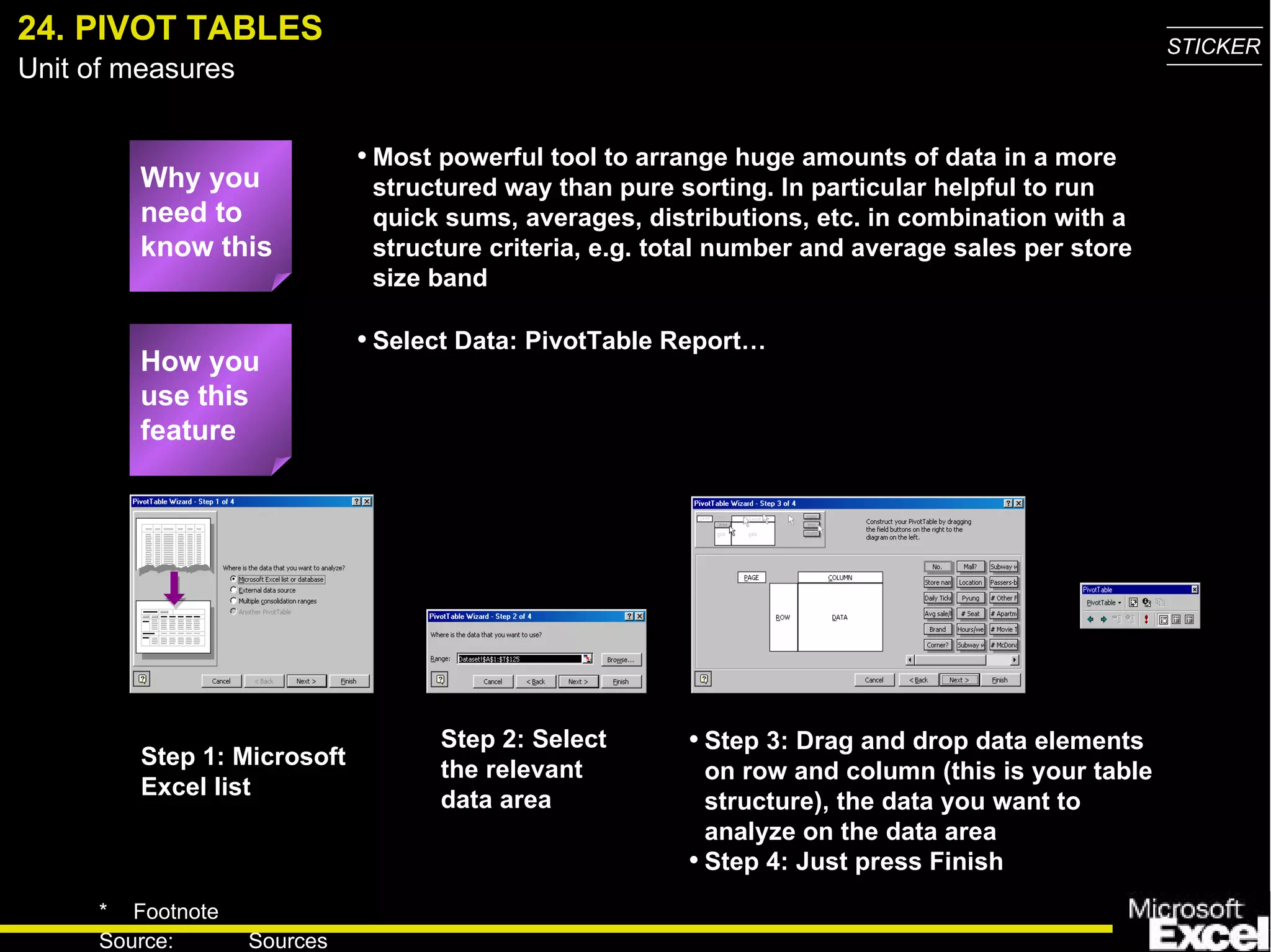 24. PIVOT TABLES Why you need to know this Most powerful tool to arrange huge amounts of data in a more structured way than pure sorting. In particular helpful to run quick sums, averages, distributions, etc. in combination with a structure criteria, e.g. total number and average sales per store size band Select Data: PivotTable Report…  Step 1: Microsoft Excel list Step 2: Select the relevant data area Step 3: Drag and drop data elements on row and column (this is your table structure), the data you want to analyze on the data area Step 4: Just press Finish How you use this feature 