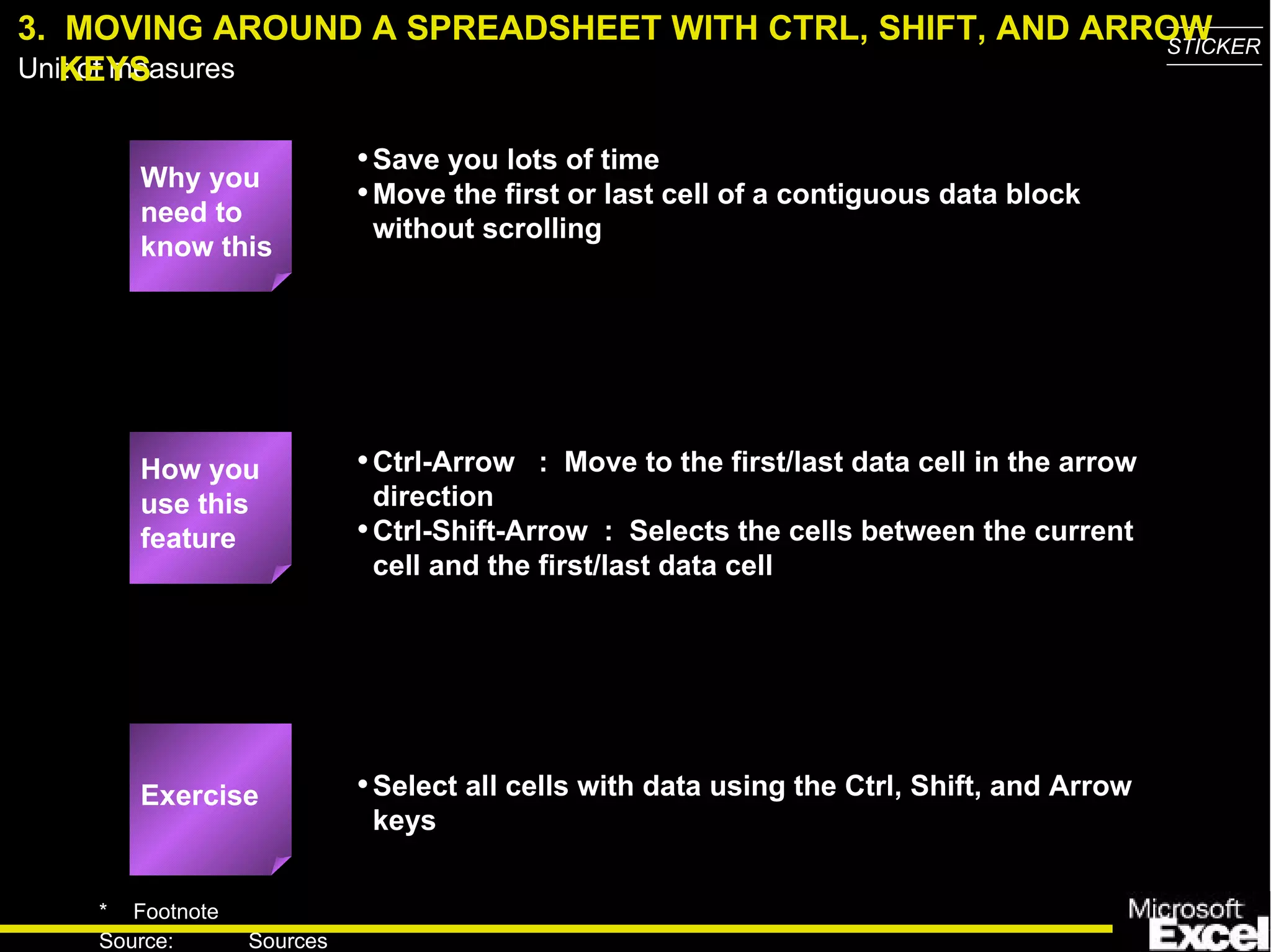 3.  MOVING AROUND A SPREADSHEET WITH CTRL, SHIFT, AND ARROW KEYS Why you need to know this Save you lots of time Move the first or last cell of a contiguous data block without scrolling  Ctrl-Arrow  :  Move to the first/last data cell in the arrow direction Ctrl-Shift-Arrow  :  Selects the cells between the current cell and the first/last data cell Select all cells with data using the Ctrl, Shift, and Arrow keys How you use this feature Exercise 