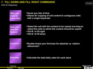 7.  FILL DOWN AND FILL RIGHT COMMANDS Why you need to know this Saves you lots of time Allows for copying of cell content to contiguous cells with a single keystroke Select the cell with the content to be copied and drag to select the cells to which the content should be copied Ctrl-R  to fill right Ctrl-D  to fill down Double-check your formulas for absolute vs. relative references!! Calculate the total daily sales for each store How you use this feature Exercise Caution!! 