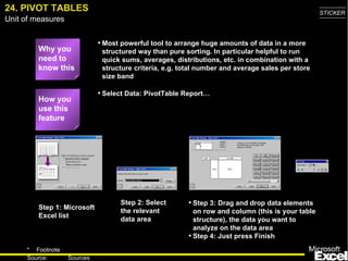 24. PIVOT TABLES Why you need to know this Most powerful tool to arrange huge amounts of data in a more structured way than pure sorting. In particular helpful to run quick sums, averages, distributions, etc. in combination with a structure criteria, e.g. total number and average sales per store size band Select Data: PivotTable Report…  Step 1: Microsoft Excel list Step 2: Select the relevant data area Step 3: Drag and drop data elements on row and column (this is your table structure), the data you want to analyze on the data area Step 4: Just press Finish How you use this feature 