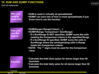 10. SUM AND SUMIF FUNCTIONS Why you need to know this SUM is used in virtually all spreadsheets SUMIF can save lots of time in most spreadsheets if you know how to use the function SUM(Range1,Range2,Value1,…) SUMIF(Range,”Comparison”,SumRange) If a SumRange IS NOT specified, SUMIF sums the cells meeting the Comparison criteria in the specified Range  If a SumRange IS specified, SUMIF sums the cells in SumRange where the corresponding cells in Range meets the Comparison criteria NOTE:  The “” signs must be used for the Comparison value Calculate the total store space for stores larger than 50 branches Calculate the total daily sales for all stores larger than 50 branches How you use this feature Exercise 