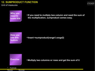 12. SUMPRODUCT FUNCTION Why you need to know this If you need to multiply two column and need the sum of the multiplication, sumproduct comes easy. Insert =sumproduct(range1,range2) Multiply two columns or rows and get the sum of it Exercise How you use this feature 