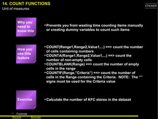14. COUNT FUNCTIONS Why you need to know this Prevents you from wasting time counting items manually or creating dummy variables to count such items COUNT(Range1,Range2,Value1,...) ==> count the number of cells containing numbers COUNTA(Range1,Range2,Value1,...) ==> count the number of non-empty cells COUNTBLANK(Range) ==> count the number of empty cells in the range COUNTIF(Range,”Criteria” ) ==> count the number of cells in the Range containing the Criteria.  NOTE:  The “” signs must be used for the Criteria value Calculate the number of KFC stores in the dataset How you use this feature Exercise 