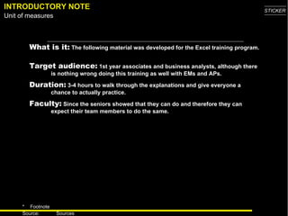 INTRODUCTORY NOTE What is it:  The following material was developed for the Excel training program.  Target audience:  1st year associates and business analysts, although there is nothing wrong doing this training as well with EMs and APs.  Duration:  3-4 hours to walk through the explanations and give everyone a chance to actually practice. Faculty:  Since the seniors showed that they can do and therefore they can expect their team members to do the same. 