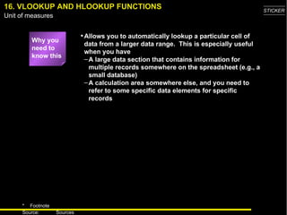 16. VLOOKUP AND   HLOOKUP FUNCTIONS Why you need to know this Allows you to automatically lookup a particular cell of data from a larger data range.  This is especially useful when you have A large data section that contains information for multiple records somewhere on the spreadsheet (e.g., a small database) A calculation area somewhere else, and you need to refer to some specific data elements for specific records 