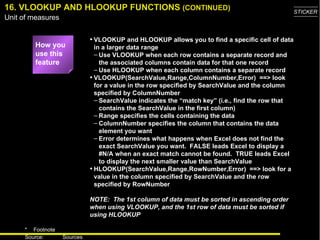 16. VLOOKUP AND HLOOKUP FUNCTIONS  (CONTINUED) VLOOKUP and HLOOKUP allows you to find a specific cell of data in a larger data range Use VLOOKUP when each row contains a separate record and the associated columns contain data for that one record Use HLOOKUP when each column contains a separate record VLOOKUP(SearchValue,Range,ColumnNumber,Error)  ==> look for a value in the row specified by SearchValue and the column specified by ColumnNumber SearchValue indicates the “match key”  (i.e., find the row that contains the SearchValue in the first column) Range specifies the cells containing the data ColumnNumber specifies the column that contains the data element you want Error determines what happens when Excel does not find the exact SearchValue you want.  FALSE leads Excel to display a #N/A when an exact match cannot be found.  TRUE leads Excel to display the next smaller value than SearchValue HLOOKUP(SearchValue,Range,RowNumber,Error)  ==> look for a value in the column specified by SearchValue and the row specified by RowNumber NOTE:  The 1st column of data must be sorted in ascending order when using VLOOKUP, and the 1st row of data must be sorted if using HLOOKUP How you use this feature 