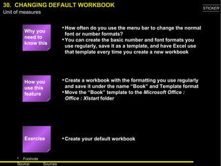 30.  CHANGING DEFAULT WORKBOOK Why you need to know this How often do you use the menu bar to change the normal font or number formats? You can create the basic number and font formats you use regularly, save it as a template, and have Excel use that template every time you create a new workbook Create a workbook with the formatting you use regularly and save it under the name “Book” and Template format Move the “Book” template to the  Microsoft Office : Office : Xlstart  folder Create your default workbook How you use this feature Exercise 