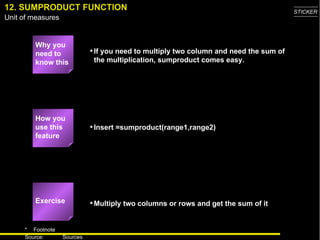 12. SUMPRODUCT FUNCTION ,[object Object],[object Object],[object Object],[object Object],Exercise How you use this feature 
