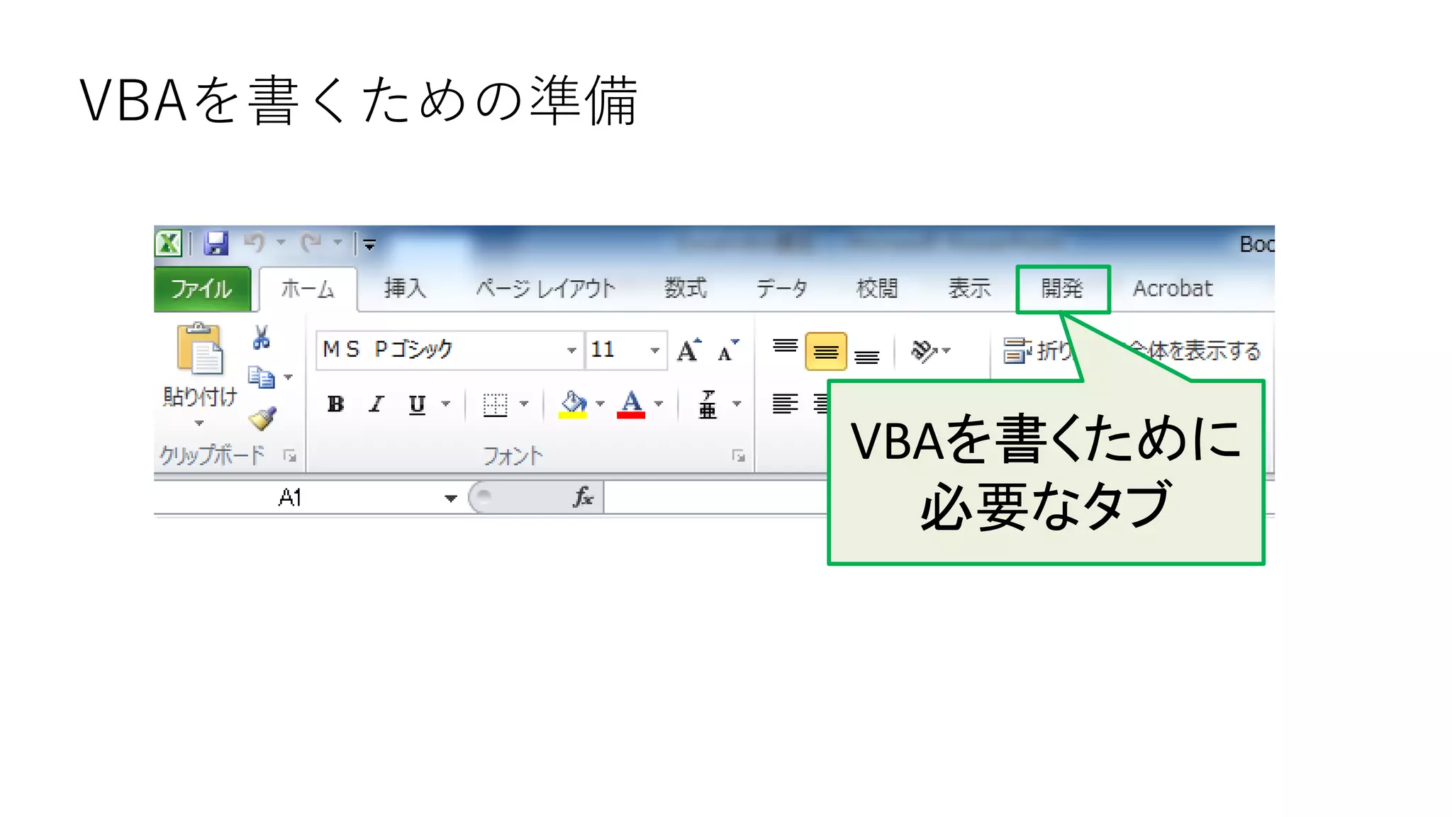 VBAを書くための準備
VBAを書くために
必要なタブ
 