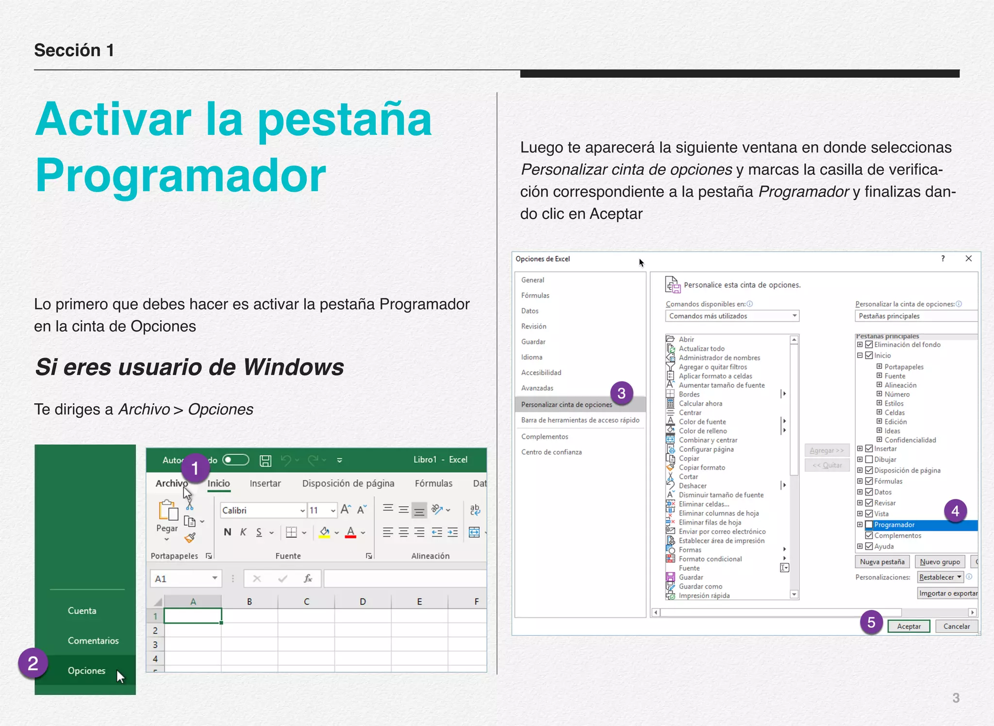 3
Lo primero que debes hacer es activar la pestaña Programador
en la cinta de Opciones
Si eres usuario de Windows
Te diriges a Archivo > Opciones
Luego te aparecerá la siguiente ventana en donde seleccionas
Personalizar cinta de opciones y marcas la casilla de verifica-
ción correspondiente a la pestaña Programador y finalizas dan-
do clic en Aceptar
Sección 1
Activar la pestaña
Programador
 