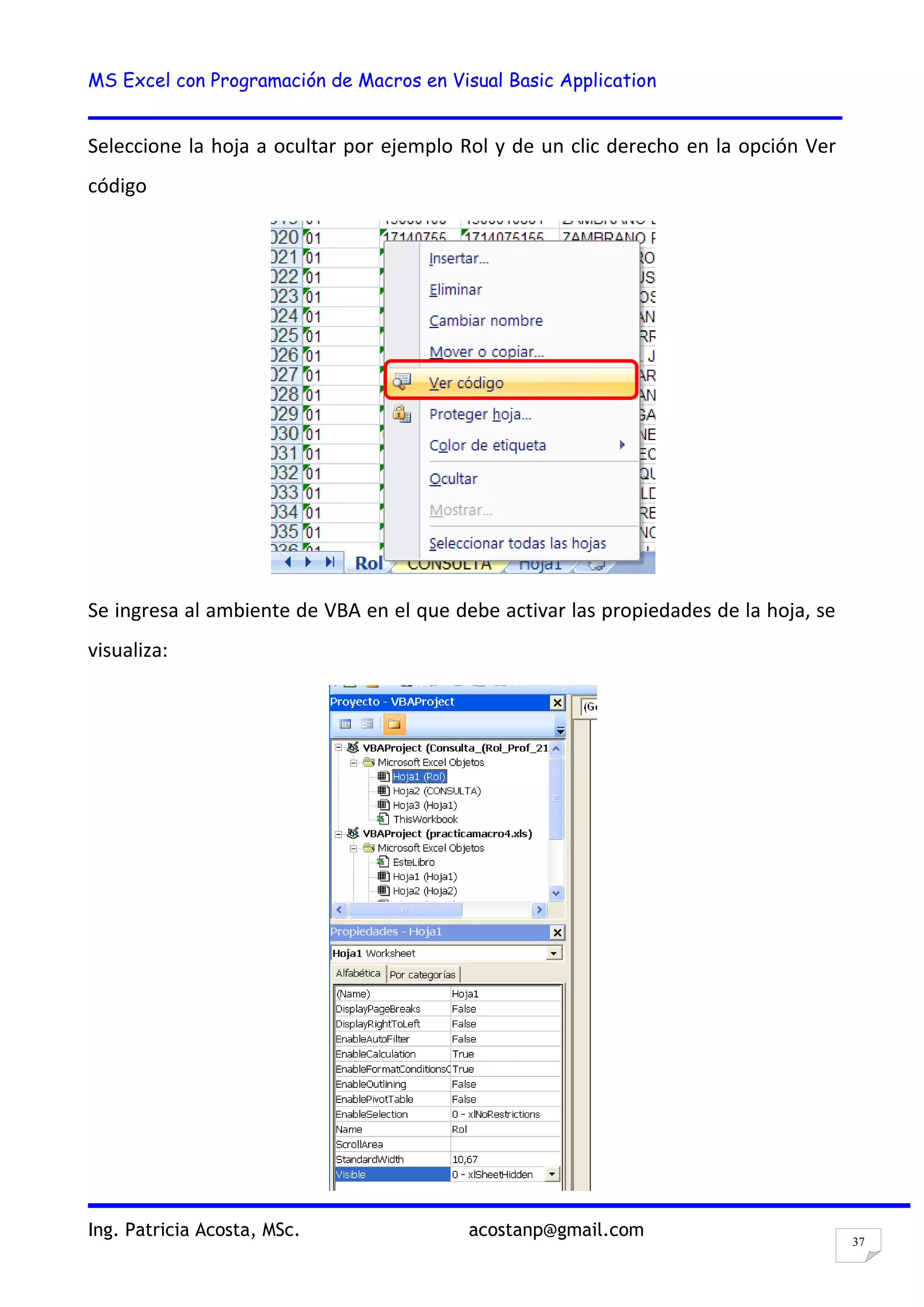 MS Excel con Programación de Macros en Visual Basic Application
Ing. Patricia Acosta, MSc. acostanp@gmail.com
37
Seleccione la hoja a ocultar por ejemplo Rol y de un clic derecho en la opción Ver
código
Se ingresa al ambiente de VBA en el que debe activar las propiedades de la hoja, se
visualiza:
 