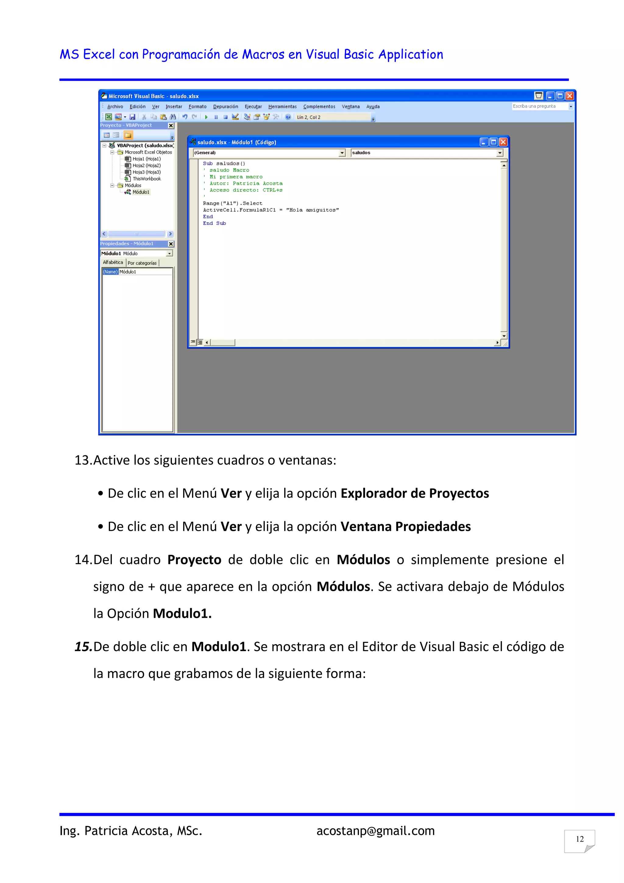 MS Excel con Programación de Macros en Visual Basic Application
Ing. Patricia Acosta, MSc. acostanp@gmail.com
12
13.Active los siguientes cuadros o ventanas:
• De clic en el Menú Ver y elija la opción Explorador de Proyectos
• De clic en el Menú Ver y elija la opción Ventana Propiedades
14.Del cuadro Proyecto de doble clic en Módulos o simplemente presione el
signo de + que aparece en la opción Módulos. Se activara debajo de Módulos
la Opción Modulo1.
15.De doble clic en Modulo1. Se mostrara en el Editor de Visual Basic el código de
la macro que grabamos de la siguiente forma:
 