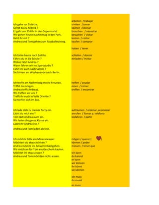 arbeiten /trabajar
Ich gehe zur Toilette.                       trinken /tomar
Gehst du zu Andrea ?                         kochen /cocinar
Er geht um 15 Uhr in den Supermarkt.         brauchen / necesitar
Wir gehen heute Nachmittag in den Park.      besuchen / visitar
Geht ihr mit ?                               kosten / costar
Andrea und Tom gehen zum Fussballtraining.   kaufen / comprar

                                             haben / tener

Ich fahre heute nach Saltillo.               schlafen / dormir
Fährst du in die Schule ?                    einladen / invitar
Wohin fährt Andrea ?
Wann fahren wir ins Sportstudio ?
Fahrt ihr auch nach Saltillo ?
Sie fahren am Wochenende nach Berlin.


Ich treffe am Nachmittag meine Freunde.      helfen / ayudar
Triffst du morgen                            essen / comer
Andrea trifft Andreas.                       treffen / encontrar
Wo treffen wir uns ?
Trefft ihr euch in Valle Oriente ?
Sie treffen sich im Zoo.


Ich lade dich zu meiner Party ein.           aufräumen / ordenar ,acomodar
Lädst du mich ein ?                          anrufen / llamar p. telefono
Tom lädt Andrea auch ein.                    losfahren / partir
Wir laden die ganze Klasse ein.
Ladet ihr Andrea ein ?
Andrea und Tom laden alle ein.


Ich möchte bitte ein Mineralwasser.          mögen / querer (       )
Möchtest du etwas trinken ?                  können / poder
Andrea möchte ins Schwimmbad gehen.          müssen / tener que
Wir möchten für Tom ein Geschenk kaufen.
Möchtet ihr etwas essen ?                    Ich kann
Andrea und Tom möchten nichts essen.         du kannst
                                             er kann
                                             wir können
                                             ihr könnt
                                             sie können

                                             ich muss
                                             du musst
                                             er muss
 
