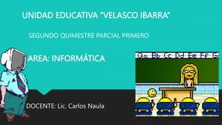 UNIDAD EDUCATIVA “VELASCO IBARRA”
SEGUNDO QUIMESTRE PARCIAL PRIMERO
AREA: INFORMÁTICA
DOCENTE: Lic. Carlos Naula
 