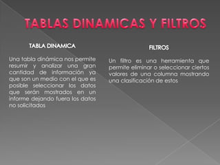 Una tabla dinámica nos permite    Un filtro es una herramienta que
resumir y analizar una gran       permite eliminar o seleccionar ciertos
cantidad de información ya        valores de una columna mostrando
que son un medio con el que es    una clasificación de estos
posible seleccionar los datos
que serán mostrados en un
informe dejando fuera los datos
no solicitados
 