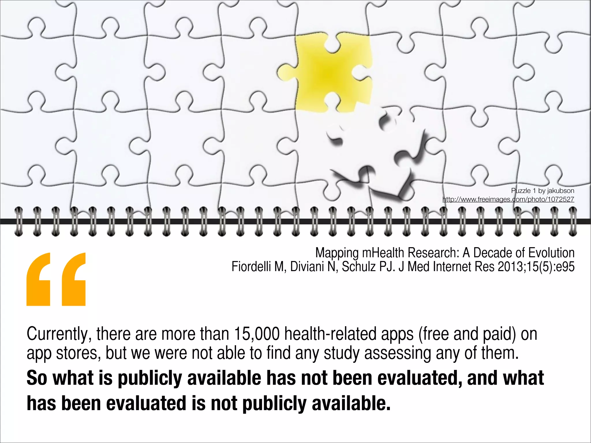 Currently, there are more than 15,000 health-related apps (free and paid) on
app stores, but we were not able to find any study assessing any of them.
So what is publicly available has not been evaluated, and what
has been evaluated is not publicly available.
Mapping mHealth Research: A Decade of Evolution
Fiordelli M, Diviani N, Schulz PJ. J Med Internet Res 2013;15(5):e95
“
Puzzle 1 by jakubson
http://www.freeimages.com/photo/1072527
 