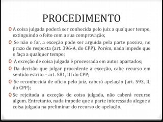 PROCEDIMENTO
0 A coisa julgada poderá ser conhecida pelo juiz a qualquer tempo,

extinguindo o feito com a sua comprovação;
0 Se não o for, a exceção pode ser arguida pela parte passiva, no
prazo de resposta (art. 396-A, do CPP). Porém, nada impede que
o faça a qualquer tempo;
0 A exceção de coisa julgada é processada em autos apartados;
0 Da decisão que julgar procedente a exceção, cabe recurso em
sentido estrito – art. 581, III do CPP;
0 Se reconhecida de ofício pelo juiz, caberá apelação (art. 593, II,
do CPP);
0 Se rejeitada a exceção de coisa julgada, não caberá recurso
algum. Entretanto, nada impede que a parte interessada alegue a
coisa julgada na preliminar do recurso de apelação.

 