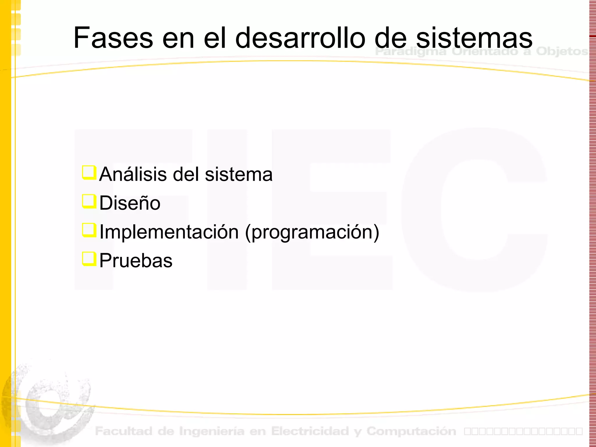 Fases en el desarrollo de sistemas Análisis del sistema Diseño Implementación (programación) Pruebas 