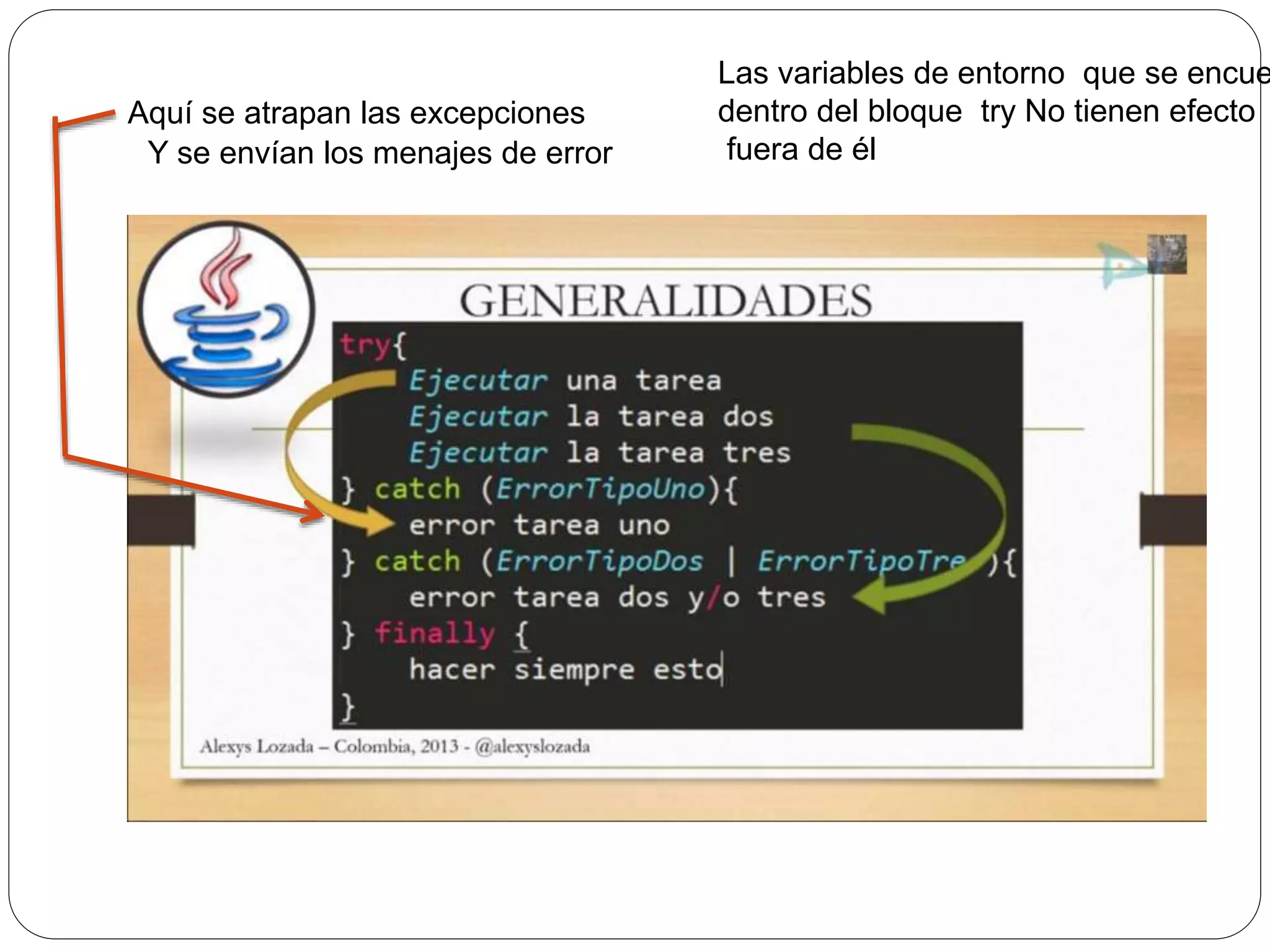 Aquí se atrapan las excepciones 
Y se envían los menajes de error 
Las variables de entorno que se encuentren 
dentro del bloque try No tienen efecto 
fuera de él 
 