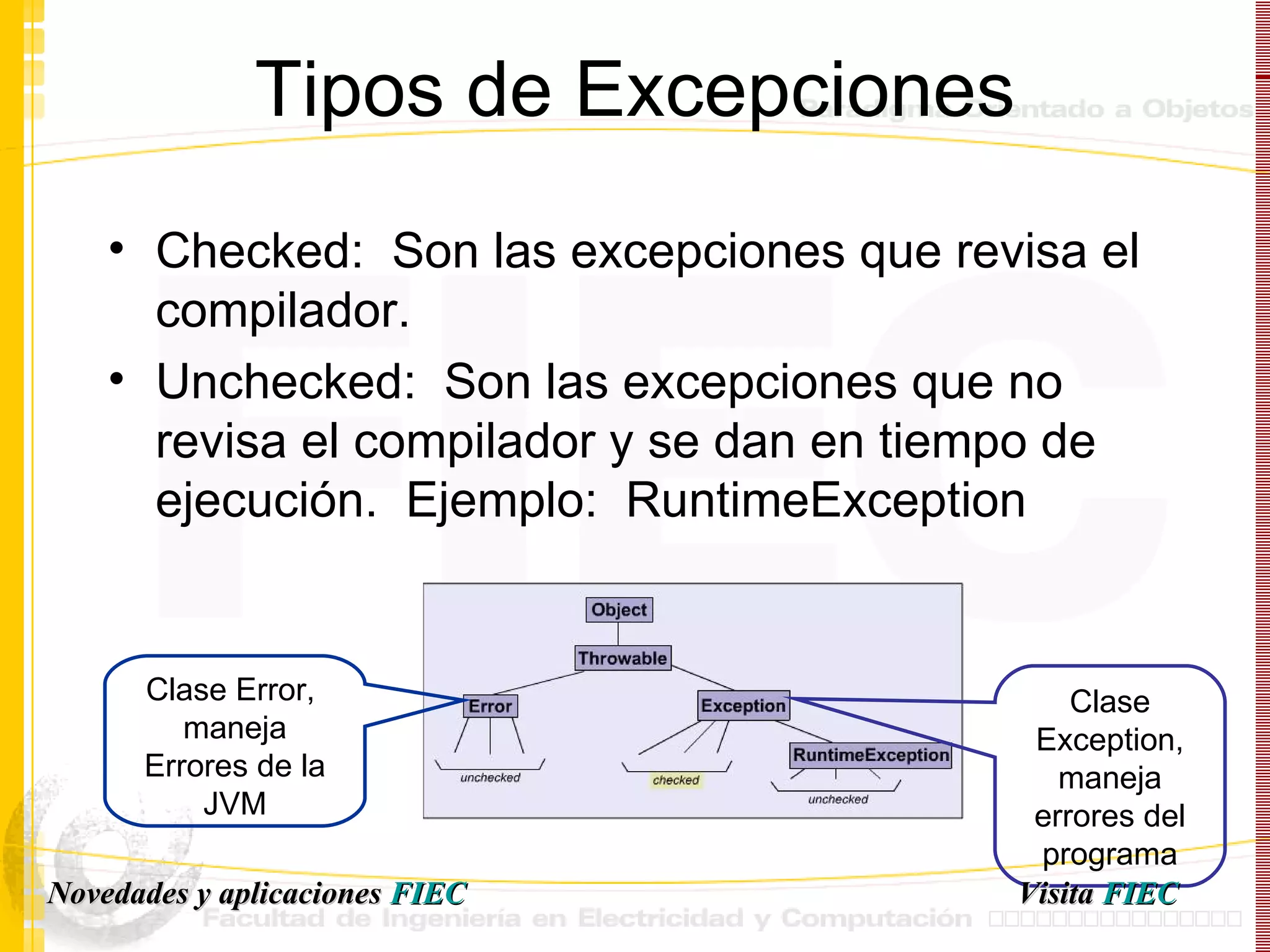 Tipos de Excepciones Checked:  Son las excepciones que revisa el compilador. Unchecked:  Son las excepciones que no revisa el compilador y se dan en tiempo de ejecución.  Ejemplo:  RuntimeException Clase Error,  maneja Errores de la JVM Clase Exception, maneja errores del programa Visita   FIEC Novedades y aplicaciones  FIEC 