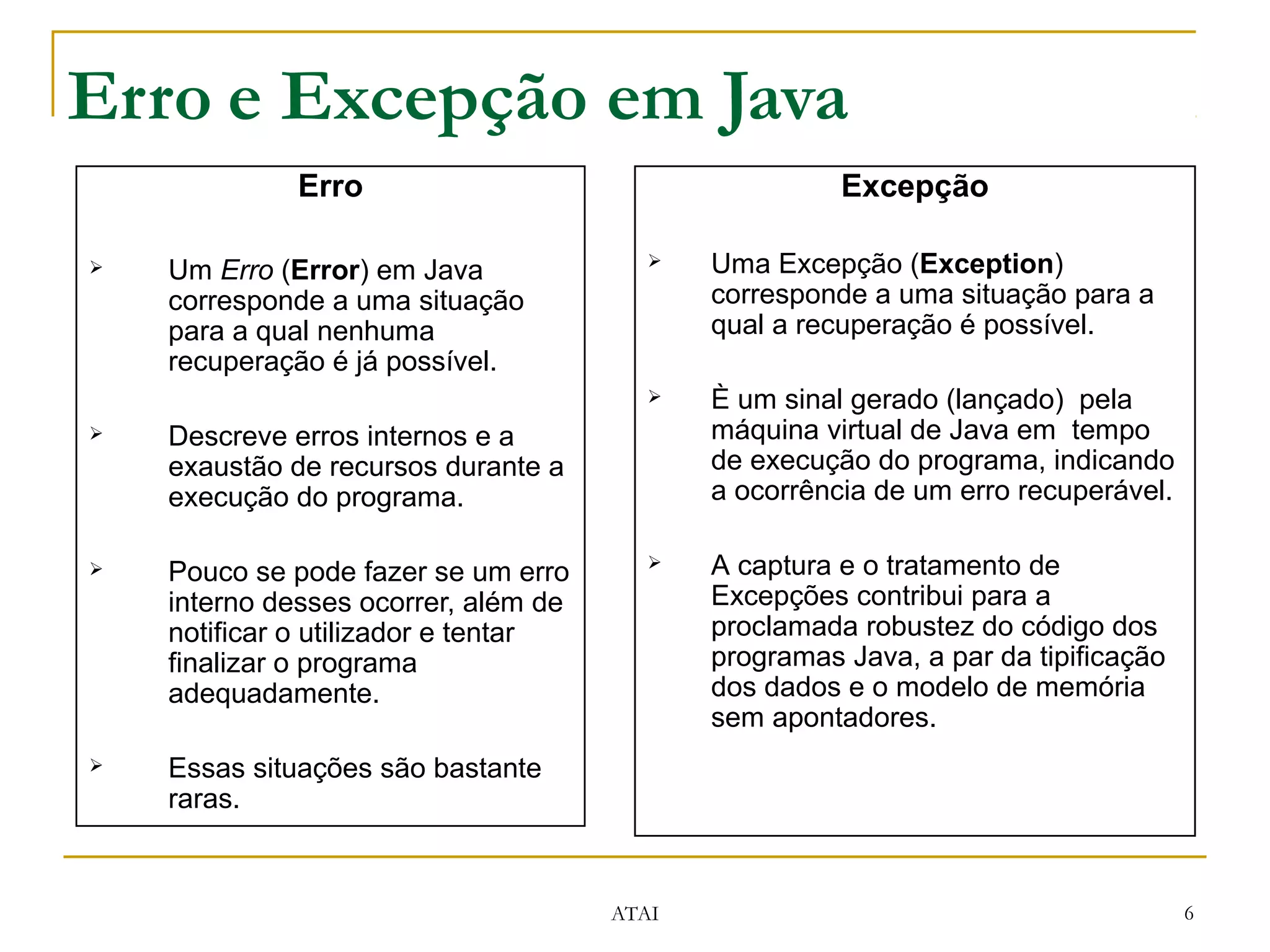Erro e Excepção em Java
              Erro                                     Excepção

   Um Erro (Error) em Java                 Uma Excepção (Exception)
    corresponde a uma situação               corresponde a uma situação para a
    para a qual nenhuma                      qual a recuperação é possível.
    recuperação é já possível.
                                            È um sinal gerado (lançado) pela
   Descreve erros internos e a              máquina virtual de Java em tempo
    exaustão de recursos durante a           de execução do programa, indicando
    execução do programa.                    a ocorrência de um erro recuperável.

   Pouco se pode fazer se um erro          A captura e o tratamento de
    interno desses ocorrer, além de          Excepções contribui para a
    notificar o utilizador e tentar          proclamada robustez do código dos
    finalizar o programa                     programas Java, a par da tipificação
    adequadamente.                           dos dados e o modelo de memória
                                             sem apontadores.
   Essas situações são bastante
    raras.


                                      ATAI                                          6
 