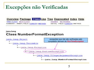Excepções não Verificadas




                   excepções que não são verificadas pelo
                 compilador derivam de RunTimeException




                                       5
 
