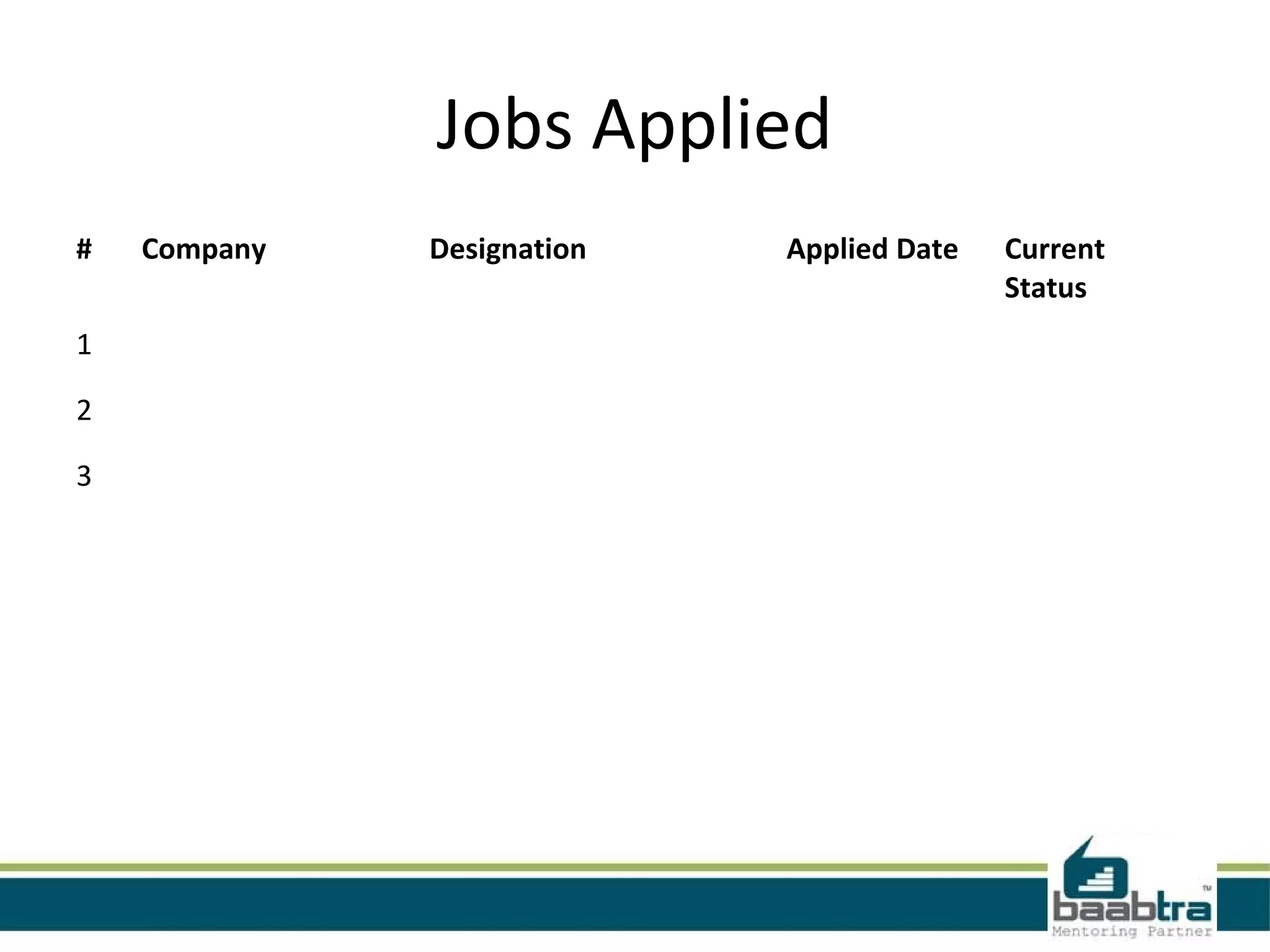 Jobs Applied # 1 2 3 Company Designation Applied Date Current Status 