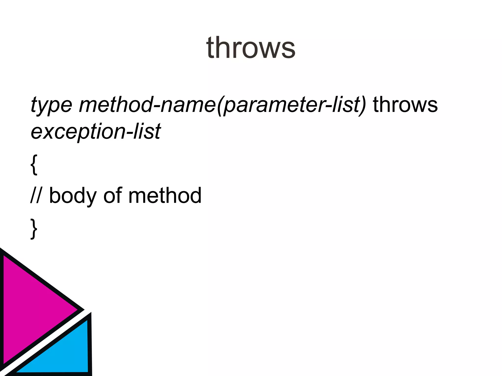 throws
type method-name(parameter-list) throws
exception-list
{
// body of method
}
 