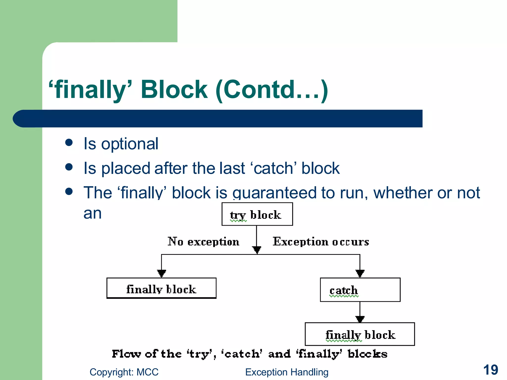 ‘ finally’ Block (Contd…) Is optional  Is placed after the last ‘catch’ block  The ‘finally’ block is guaranteed to run, whether or not an exception occurs 